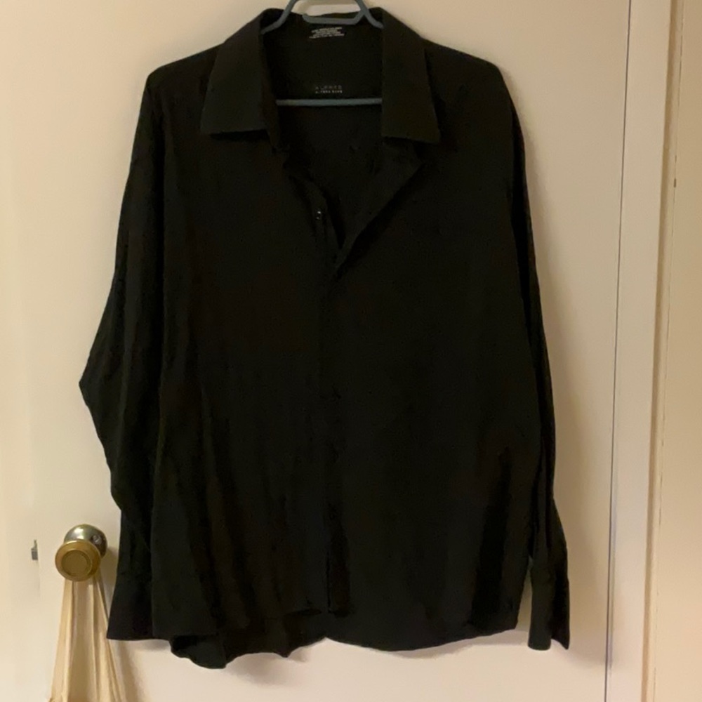 Alfred Sung Herringbone Black Button Down Classic Shirt - XXL